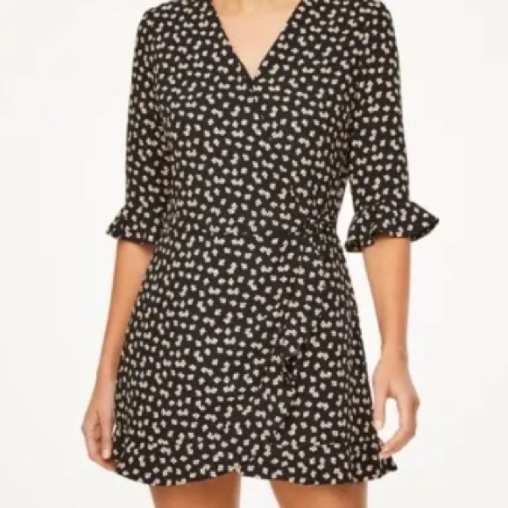LOFT Black Mini Wrap Romper with White Dot Print